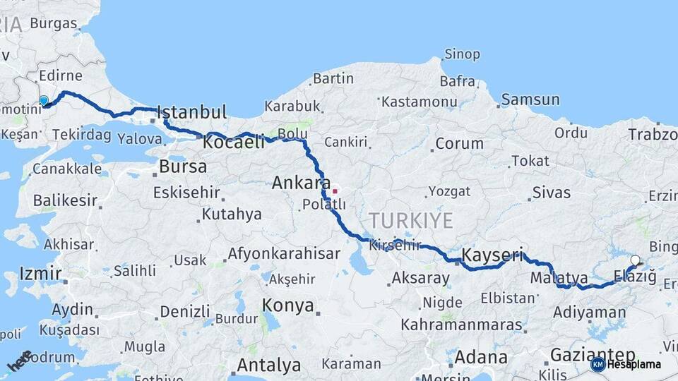 Edirne Uzunköprü Elazığ Arası Kaç Km - Yol Haritası
