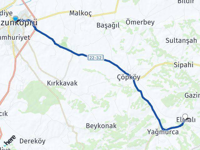 Edirne Uzunköprü Elmalı Uzunköprü Arası Kaç Km - Yol Haritası