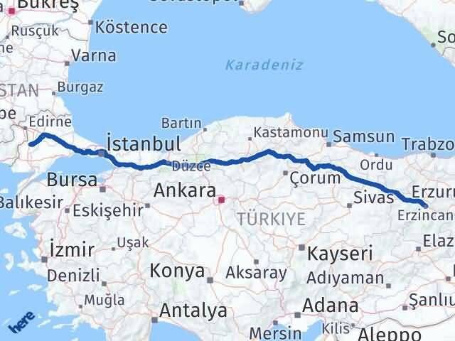 Edirne Uzunköprü Erzincan Arası Kaç Km - Yol Haritası