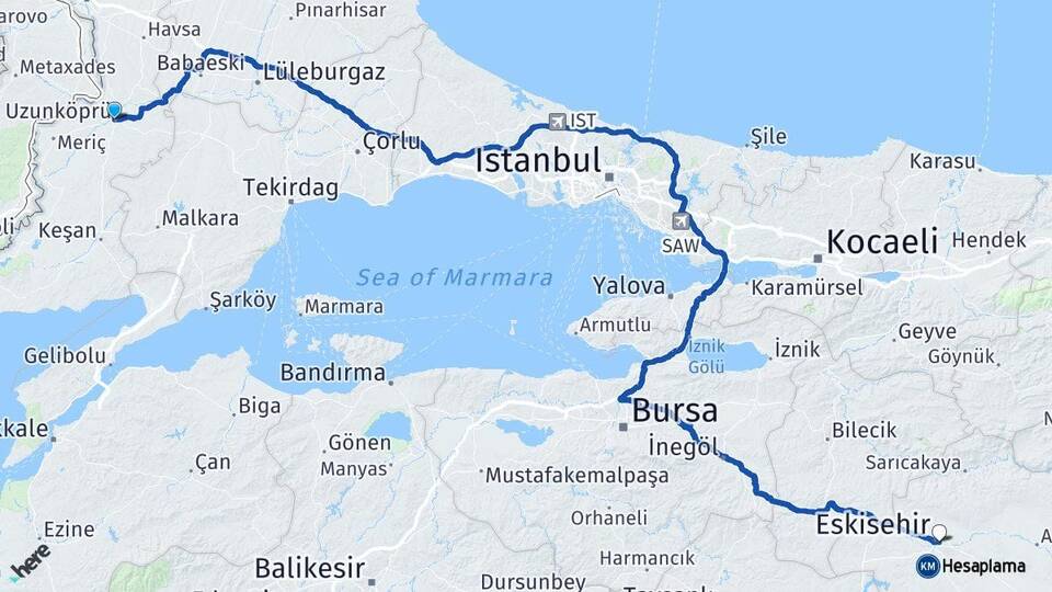 Edirne Uzunköprü Eskişehir Arası Kaç Km - Yol Haritası