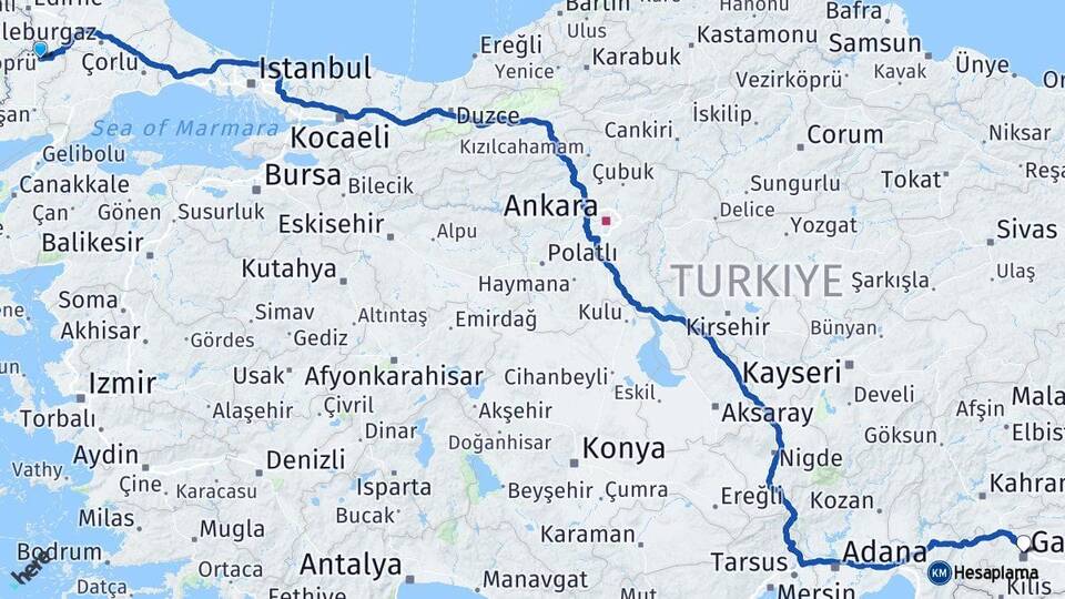 Edirne Uzunköprü Gaziantep Arası Kaç Km - Yol Haritası