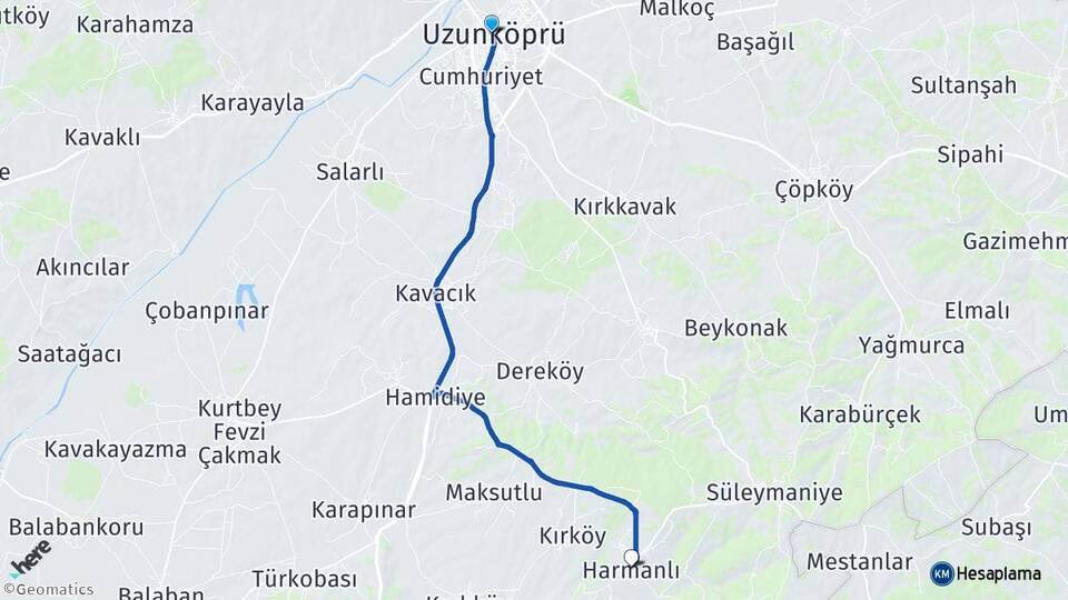Edirne Uzunköprü Harmanlı Uzunköprü Arası Kaç Km - Yol Haritası