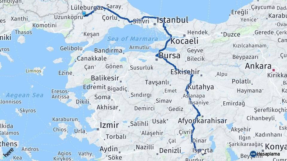Edirne Uzunköprü Isparta Arası Kaç Km - Yol Haritası