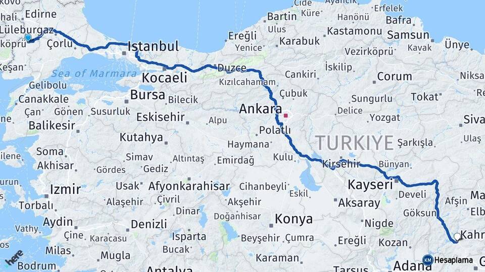 Edirne Uzunköprü Kahramanmaraş Arası Kaç Km - Yol Haritası