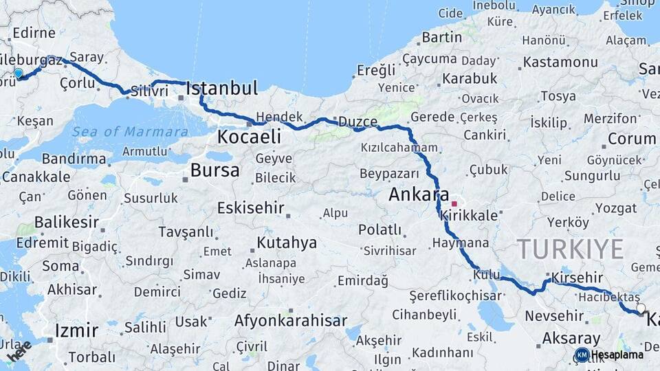 Edirne Uzunköprü Kayseri Arası Kaç Km - Yol Haritası