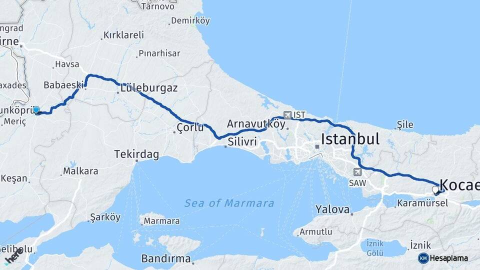 Edirne Uzunköprü Kocaeli Arası Kaç Km - Yol Haritası