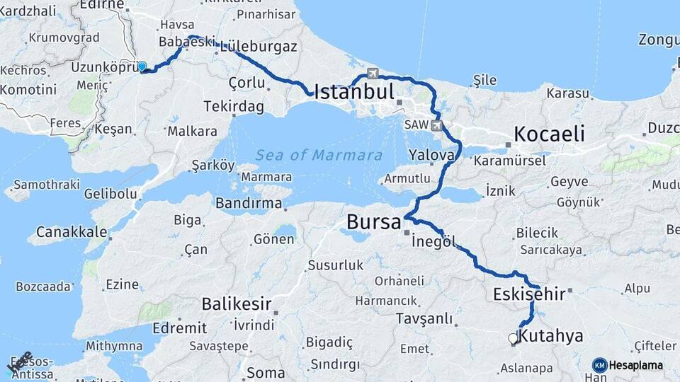 Edirne Uzunköprü Kütahya Arası Kaç Km - Yol Haritası