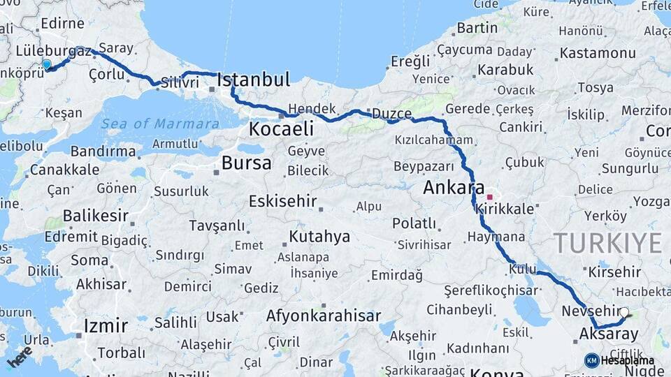 Edirne Uzunköprü Nevşehir Arası Kaç Km - Yol Haritası