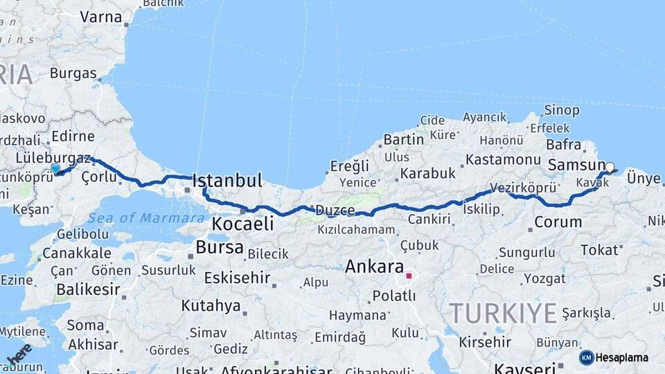 Edirne Uzunköprü Samsun Arası Kaç Km - Yol Haritası
