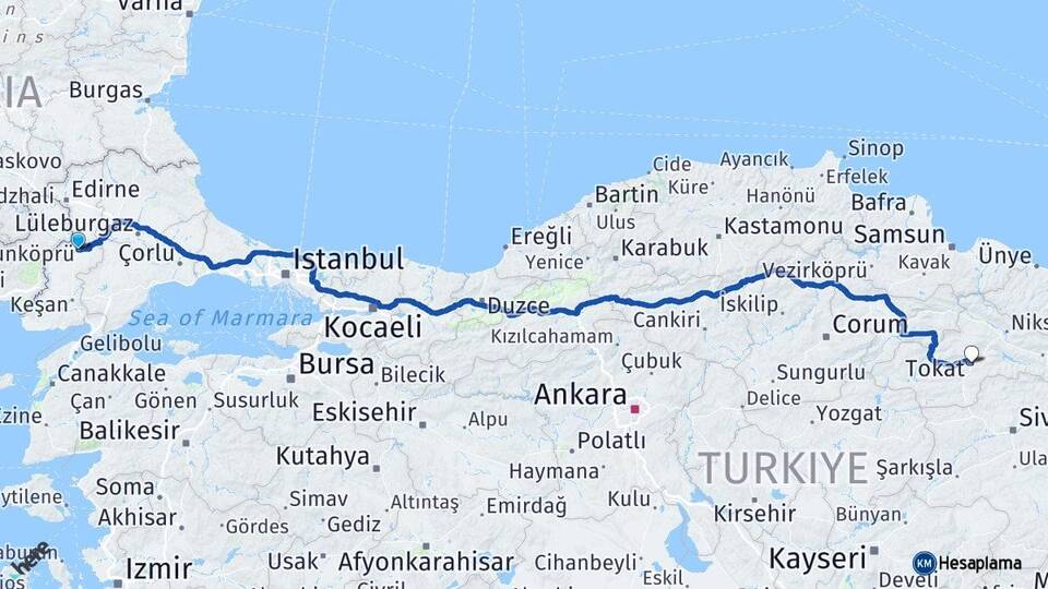 Edirne Uzunköprü Tokat Arası Kaç Km - Yol Haritası