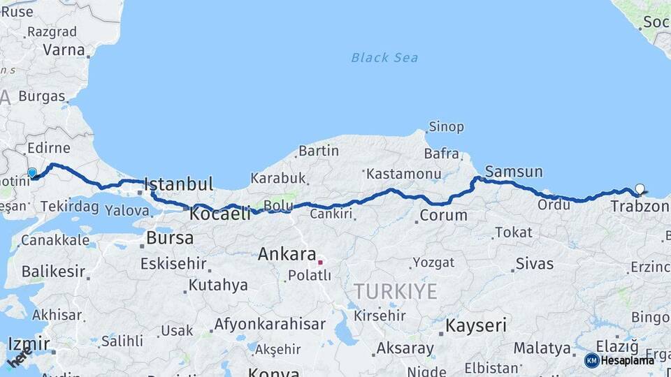 Edirne Uzunköprü Trabzon Arası Kaç Km - Yol Haritası