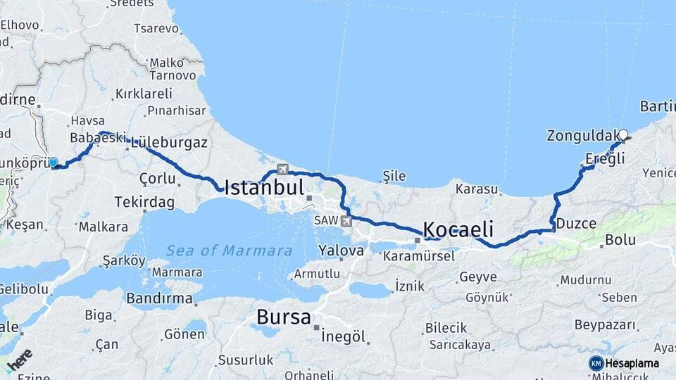 Edirne Uzunköprü Zonguldak Arası Kaç Km - Yol Haritası