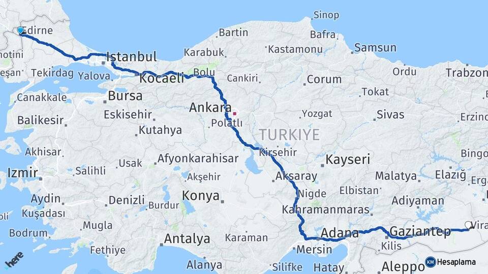 Edirne Viranşehir Şanlıurfa Arası Kaç Km - Yol Haritası