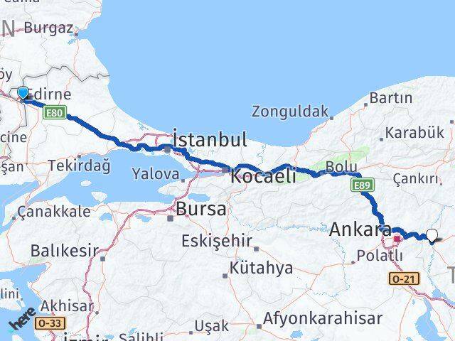 Edirne Yahşihan Kırıkkale Arası Kaç Km - Yol Haritası
