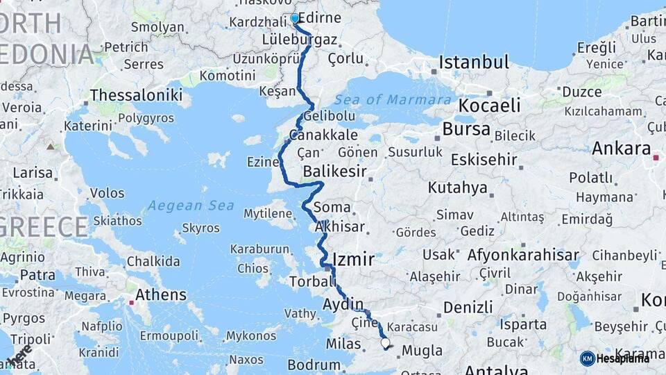 Edirne Yatağan Muğla Arası Kaç Km - Yol Haritası