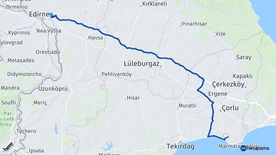 Edirne Yeniçiftlik Marmaraereğlisi Tekirdağ Arası Kaç Km - Yol Haritası