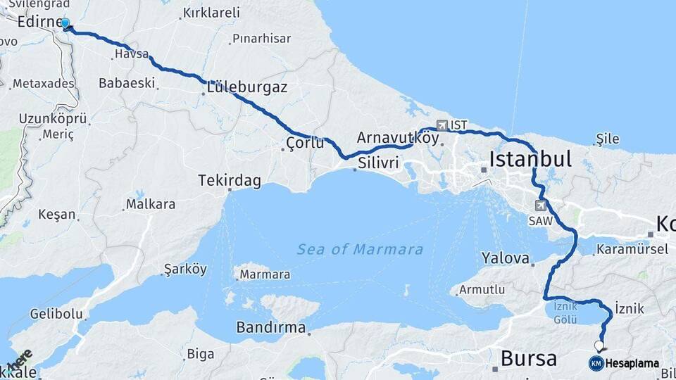 Edirne Yenişehir Bursa Arası Kaç Km - Yol Haritası