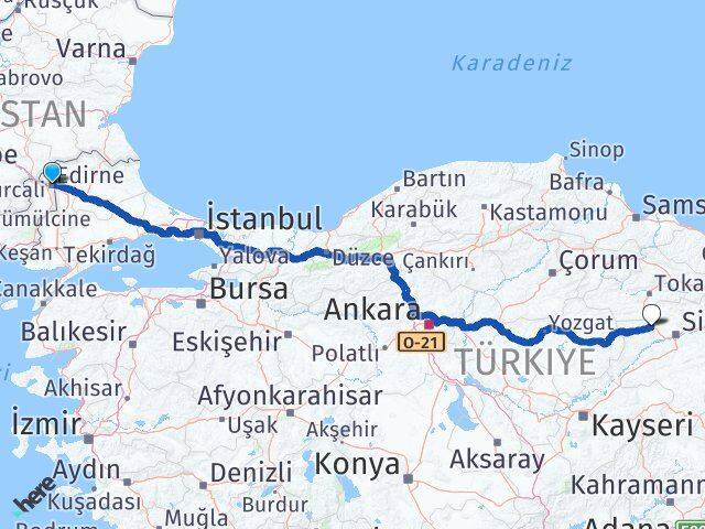 Edirne Yıldızeli Sivas Arası Kaç Km - Yol Haritası
