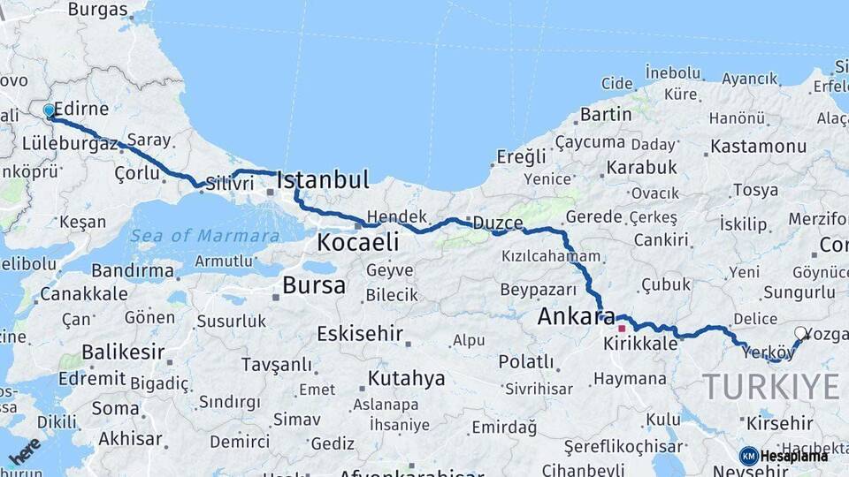 Edirne Yozgat Arası Kaç Km - Yol Haritası