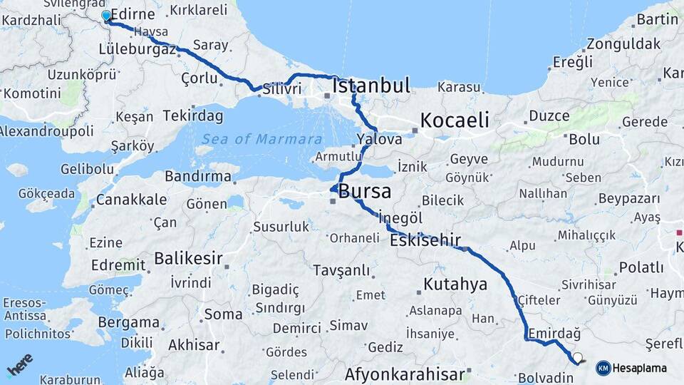 Edirne Yunak Konya Arası Kaç Km - Yol Haritası