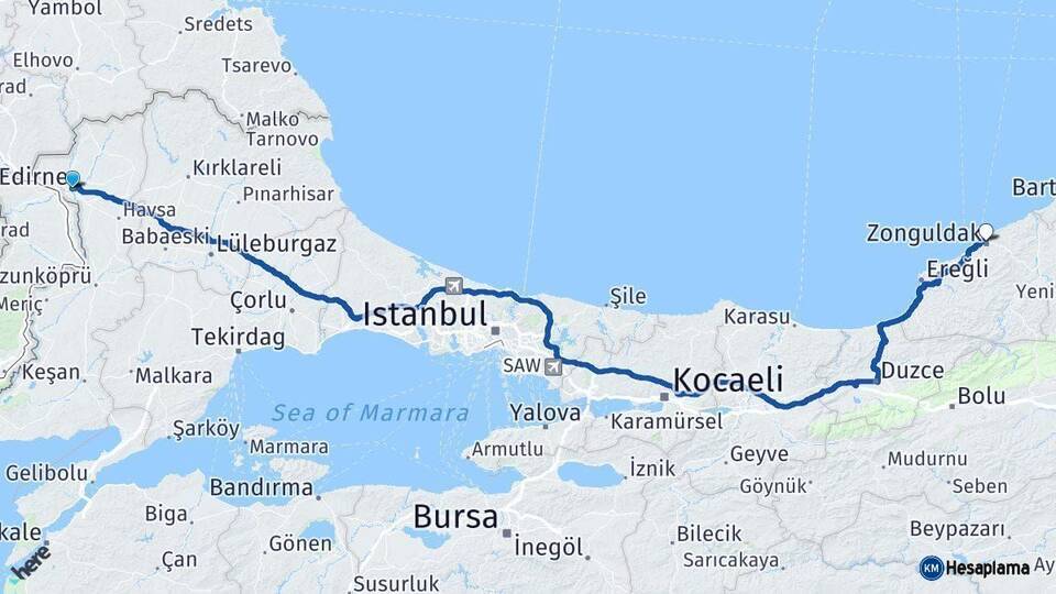 Edirne Zonguldak Arası Kaç Km - Yol Haritası