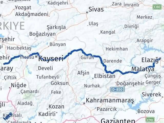 Elazığ Acıgöl Nevşehir Arası Kaç Km - Yol Haritası