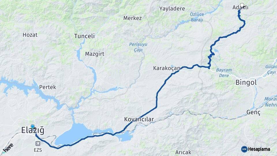 Elazığ Adaklı Bingöl Arası Kaç Km - Yol Haritası