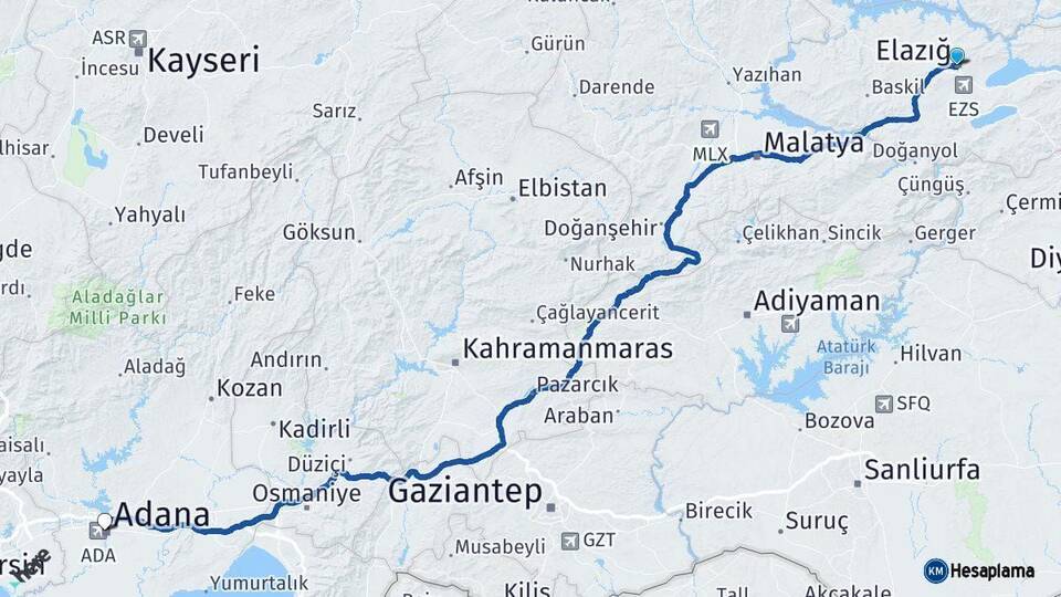 Elazığ Adana Arası Kaç Km - Yol Haritası