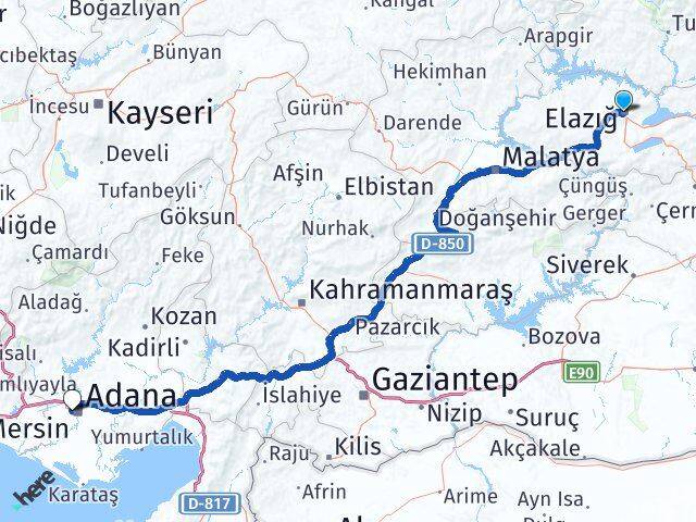 Elazığ Adana Havalimanı Arası Kaç Km - Yol Haritası