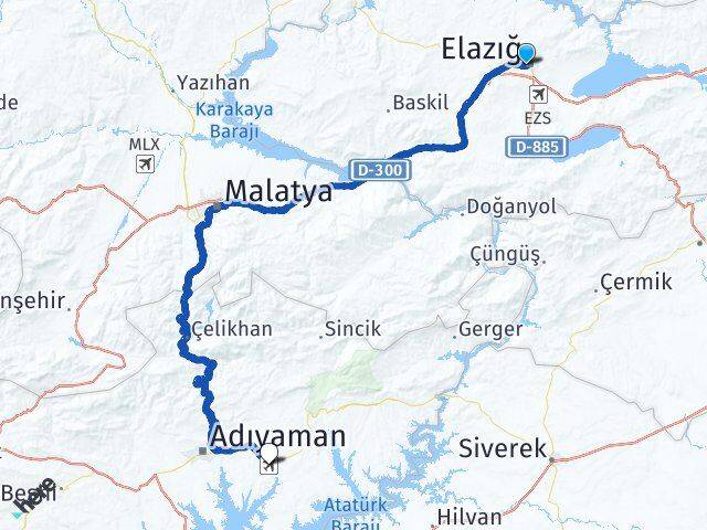 Elazığ Adıyaman Havalimanı Arası Kaç Km - Yol Haritası