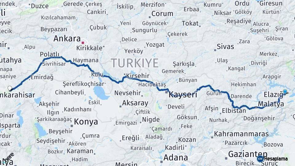 Elazığ Afyonkarahisar Arası Kaç Km - Yol Haritası