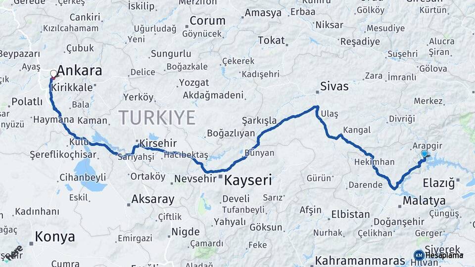 Elazığ Ağın Ankara Arası Kaç Km - Yol Haritası