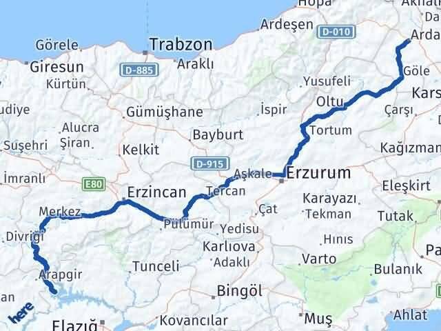 Elazığ Ağın Ardahan Arası Kaç Km - Yol Haritası
