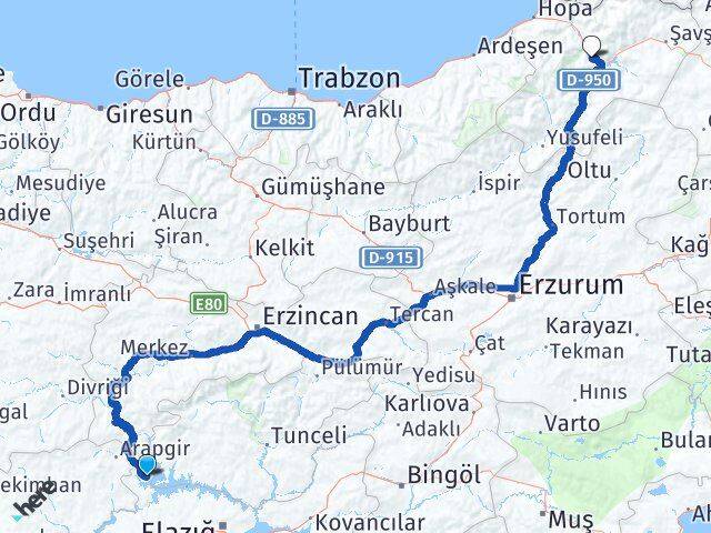 Elazığ Ağın Artvin Arası Kaç Km - Yol Haritası