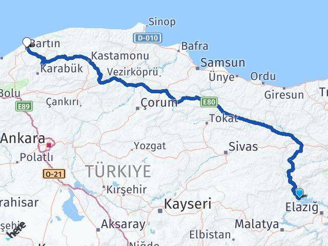 Elazığ Ağın Bartın Arası Kaç Km - Yol Haritası