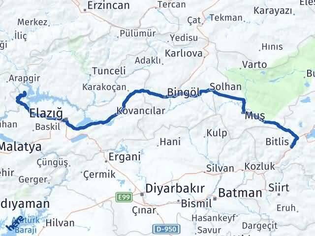 Elazığ Ağın Bitlis Arası Kaç Km - Yol Haritası