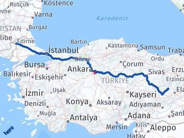 Elazığ Ağın Edirne Arası Kaç Km - Yol Haritası