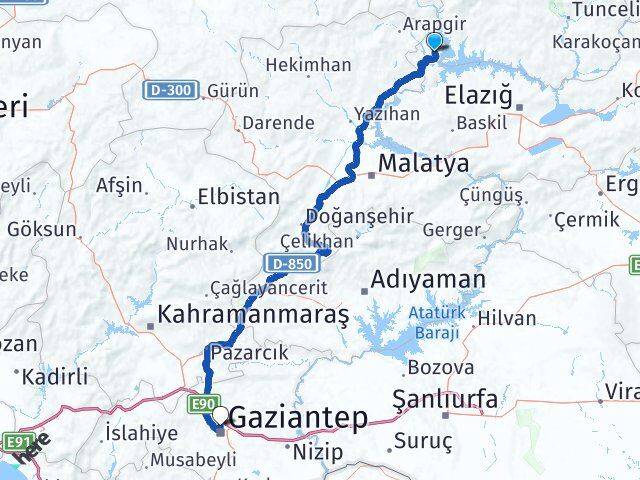 Elazığ Ağın Gaziantep Arası Kaç Km - Yol Haritası