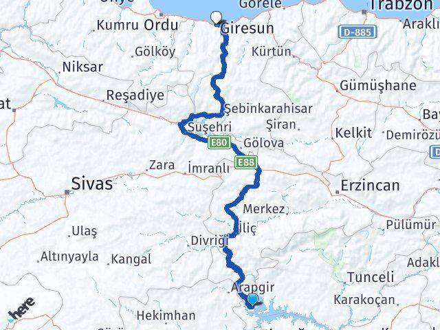 Elazığ Ağın Giresun Arası Kaç Km - Yol Haritası