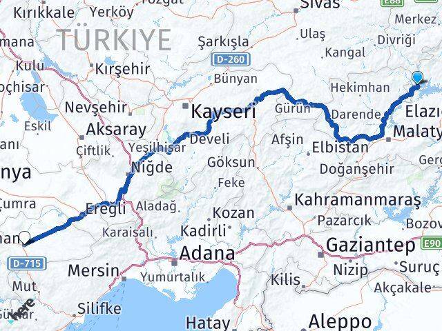 Elazığ Ağın Karaman Arası Kaç Km - Yol Haritası