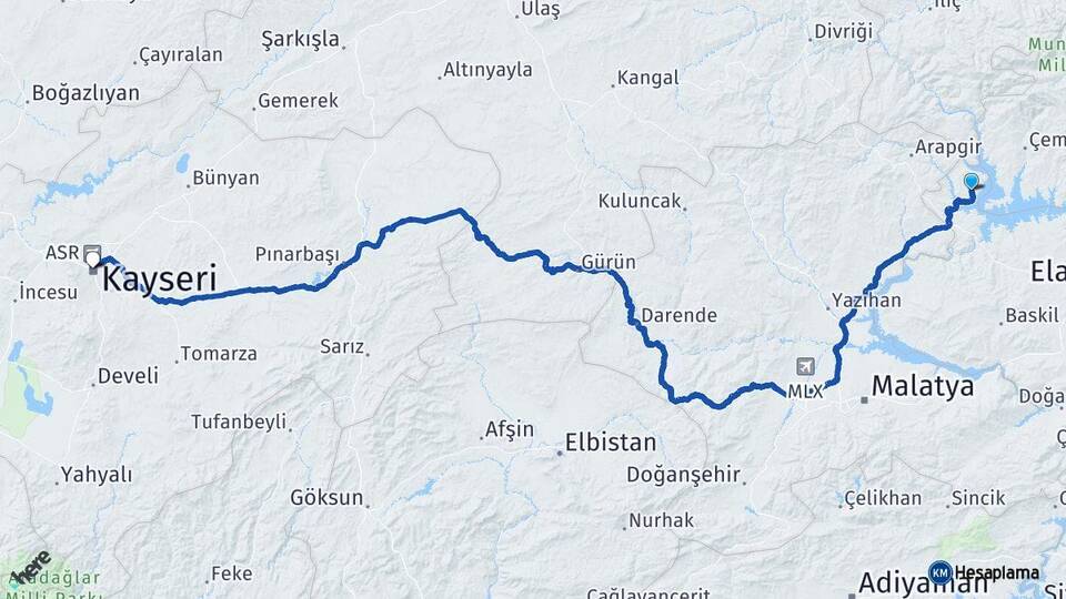 Elazığ Ağın Kayseri Arası Kaç Km - Yol Haritası