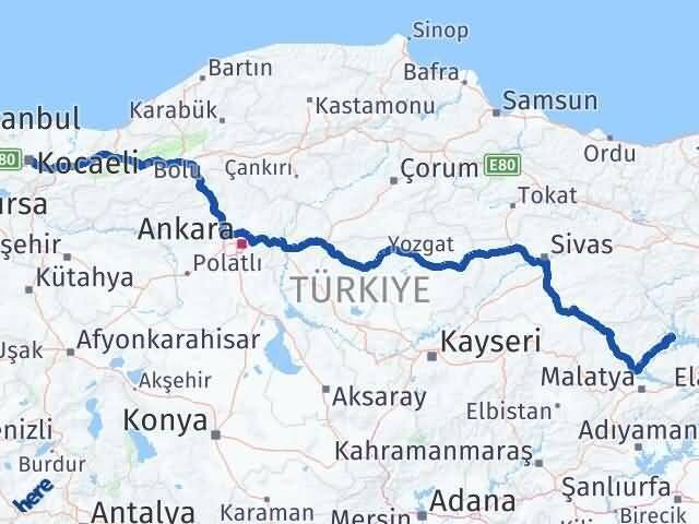 Elazığ Ağın Kocaeli Arası Kaç Km - Yol Haritası