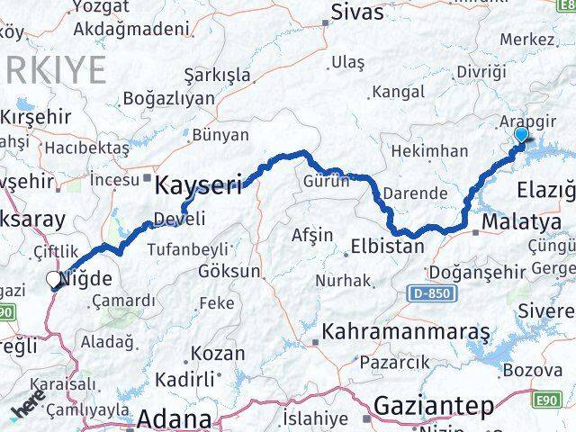 Elazığ Ağın Niğde Arası Kaç Km - Yol Haritası