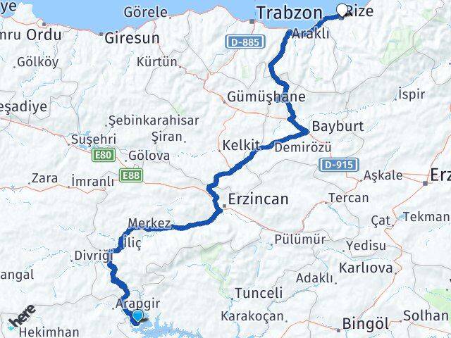 Elazığ Ağın Rize Arası Kaç Km - Yol Haritası