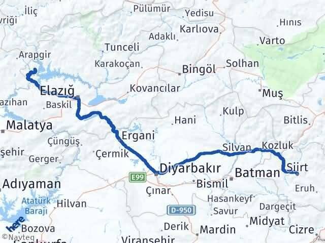 Elazığ Ağın Siirt Arası Kaç Km - Yol Haritası