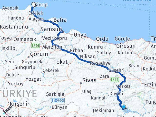 Elazığ Ağın Sinop Arası Kaç Km - Yol Haritası