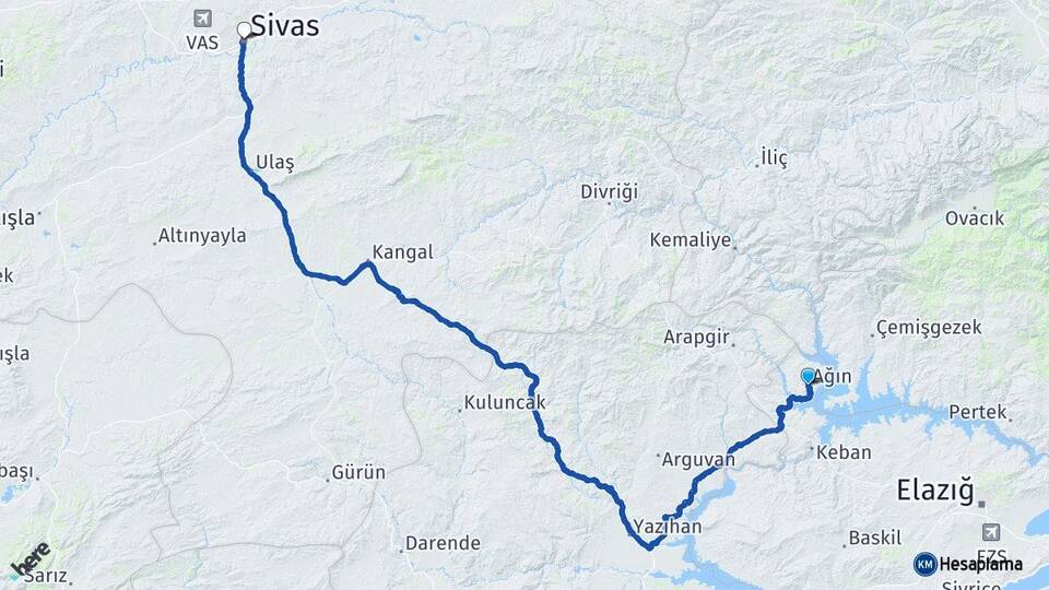 Elazığ Ağın Sivas Arası Kaç Km - Yol Haritası