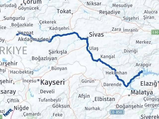 Elazığ Ağın Yozgat Arası Kaç Km - Yol Haritası