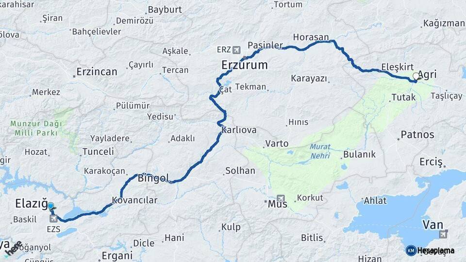 Elazığ Ağrı Arası Kaç Km - Yol Haritası