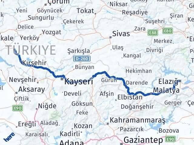 Elazığ Akpınar Kırşehir Arası Kaç Km - Yol Haritası